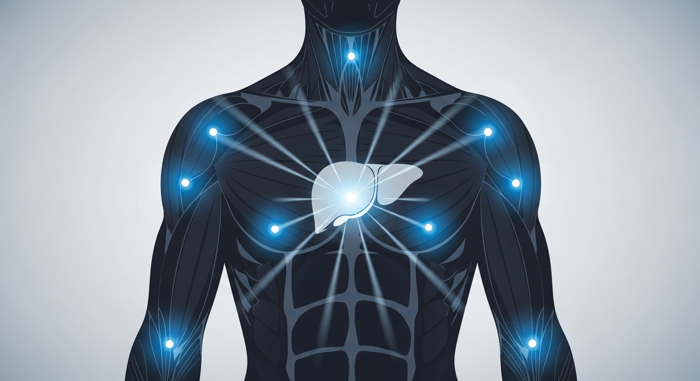 An infographic-style diagram showing myokine signaling between human skeletal muscle and vital organs like the brain, heart, and liver for systemic health.